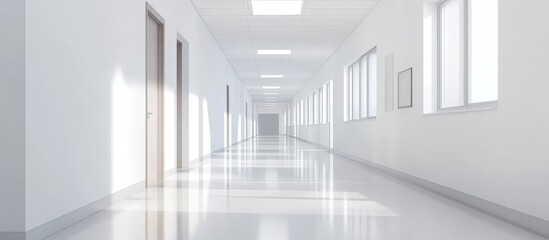 Fototapeta premium Bright, empty hallway with white walls, doors, and windows.