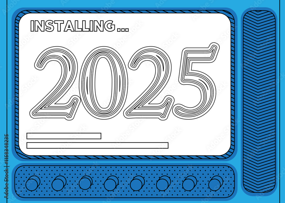 Poster Cartoon Computer With the number 2025. Message of a screen displaying an installation window.