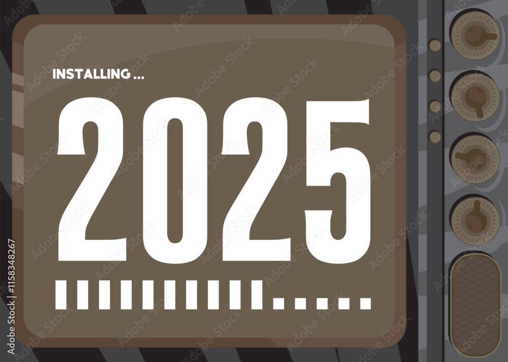 Poster Cartoon Computer With the number 2025. Message of a screen displaying an installation window.