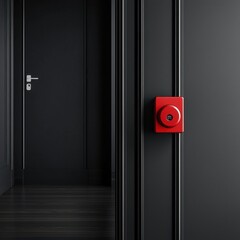 Stylish red doorbell against a sleek black wall.