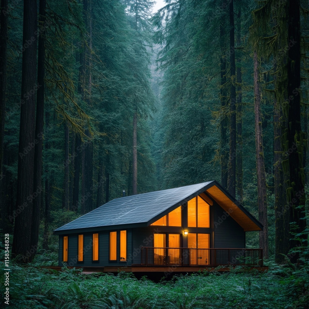Poster serene modern cabin surrounded by majestic tall trees in enchanting forest setting with warm glow fr