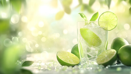 Fresh Lime Water with Sliced Limes and Green Background