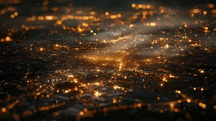 Naklejka premium Aerial view of a city illuminated at night, showcasing lights and urban landscape.