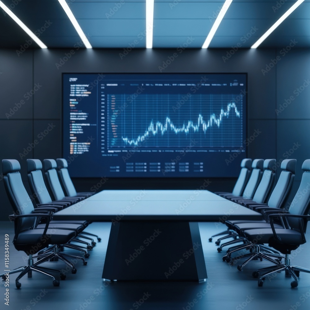 Poster modern conference room with data visualization on screen illustrating financial trends and analytics