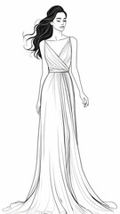 Beautiful woman in long flowing dress in continuous line art drawing style. Girl wearing luxury evening or bridal gown. Minimalist black linear sketch isolated 