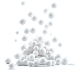 A dynamic arrangement of white spheres on a white isolated background, showcasing motion and depth.
