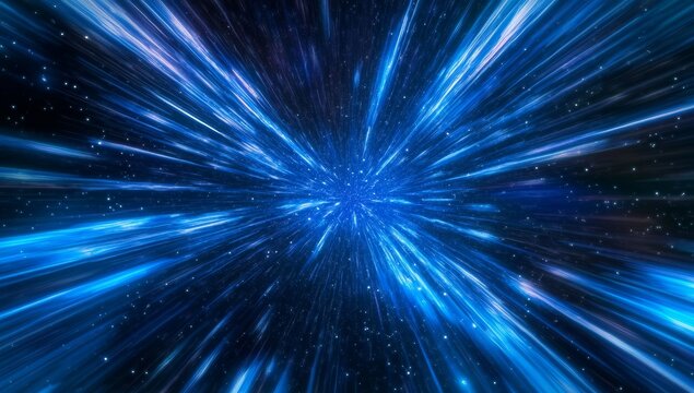 Abstract blue light streaks radiating from center, simulating hyperspace travel or energy burst in dark space.