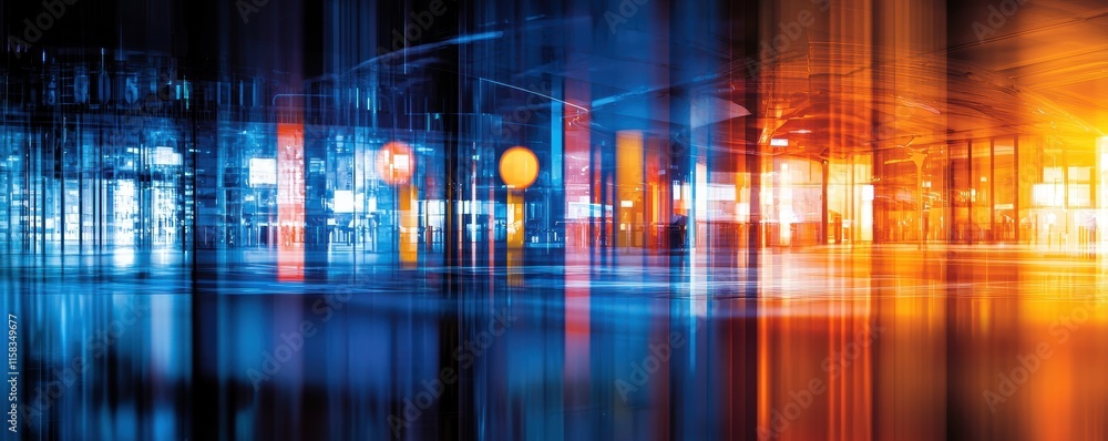 Poster a vibrant abstract image showcasing a blend of blue and orange lights, creating a dynamic, futuristi