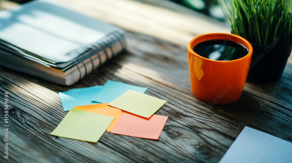 Poster creative workspace with sticky notes, coffee, and a notebook in natural light.