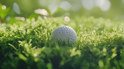 Selbstklebende Fototapeten Perfectly focused golf ball on lush grass creating a relaxed sporty scene © Thirakun