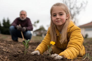 A family planting new flowers in their garden, preparing for spring by nurturing the earth with love and care, symbolizing growth and renewal.