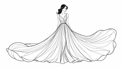 Beautiful woman in long flowing dress in continuous line art drawing style. Girl wearing luxury evening or bridal gown. Minimalist black linear sketch isolated 