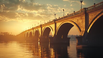 Fototapeta premium A serene sunset view of a bridge reflecting on calm waters.
