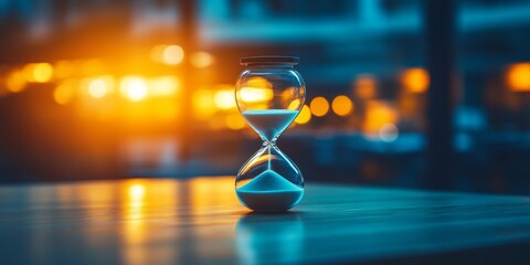 Hourglass on a table at sunset.