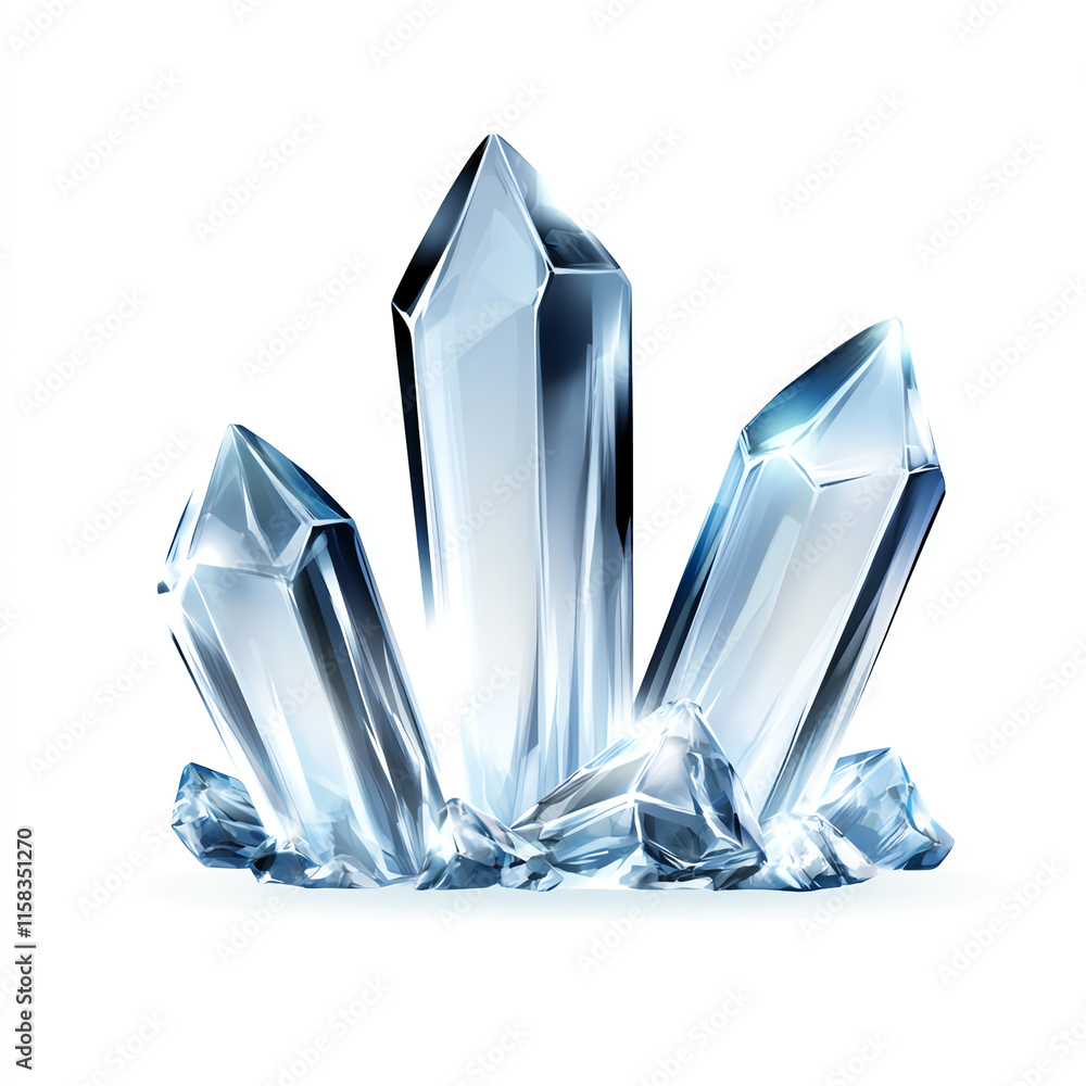 Poster three shiny crystals with sharp edges, displayed on a white isolated background, ideal for design or