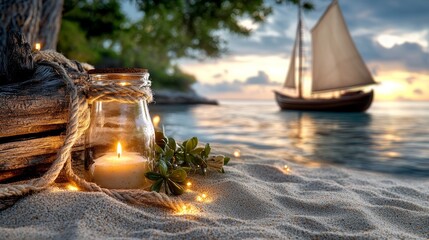 Obraz premium Candle and Sailboat at the Beach
