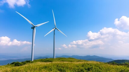 Fototapeta premium Wide Shot Photo: Majestic Wind Turbines Gracefully Rotating on a Sunny Hilltop. AI Generated