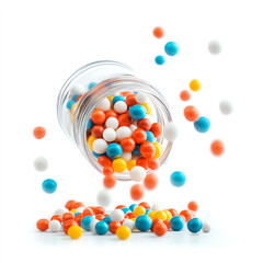 Colorful candy balls spilling from a glass jar on a white background.