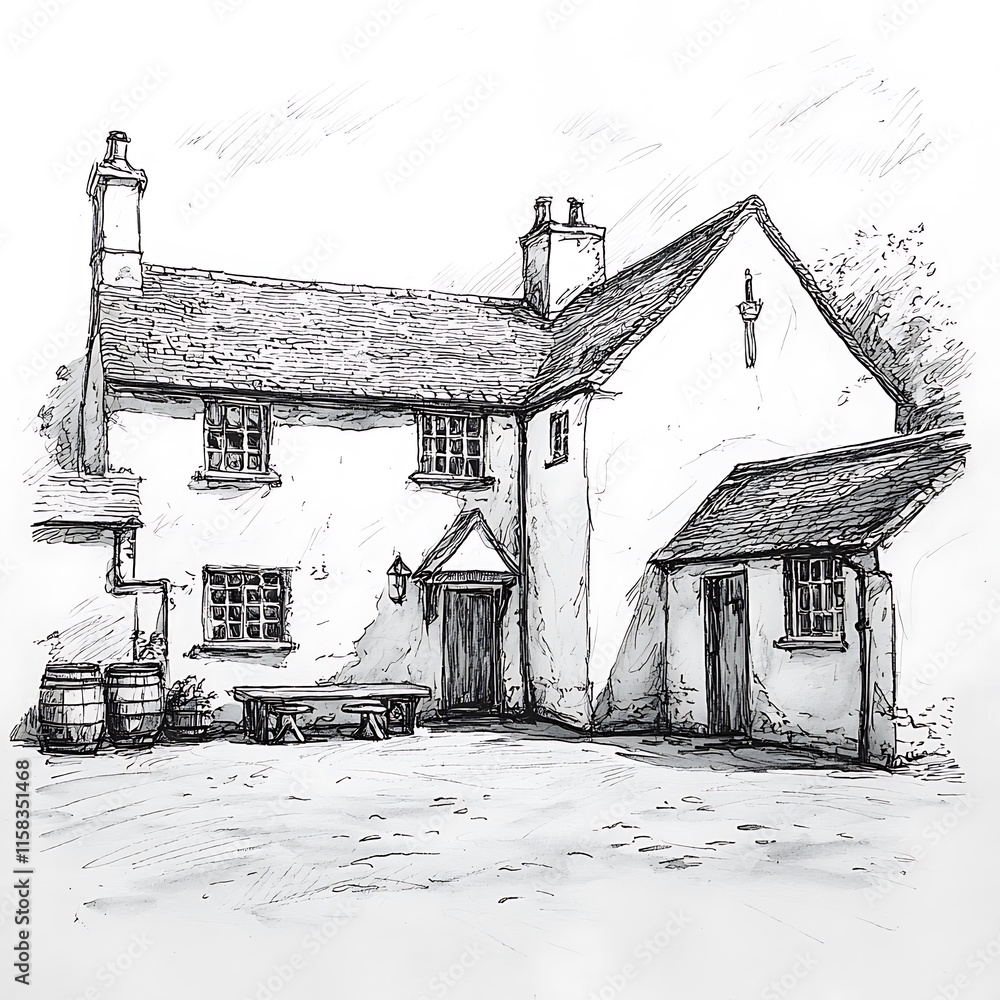 Wall mural Ink Sketch of a Quaint Countryside Cottage with Barrels and a Bench.