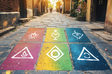 A festive street decorated with bright rangoli patterns and hanging garlands, as families prepare for Makar Sankranti with traditional dishes and kite-making activities.