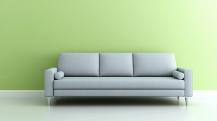 A minimalist living room scene featuring a light gray sofa against a green wall.