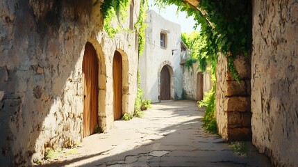 Sun-Drenched Alleyway: A Vibrant Digital Painting of a Charming Mediterranean Village. AI Generated