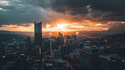 Fototapeta premium A stunning sunset over a city skyline, highlighting modern architecture and vibrant colors.