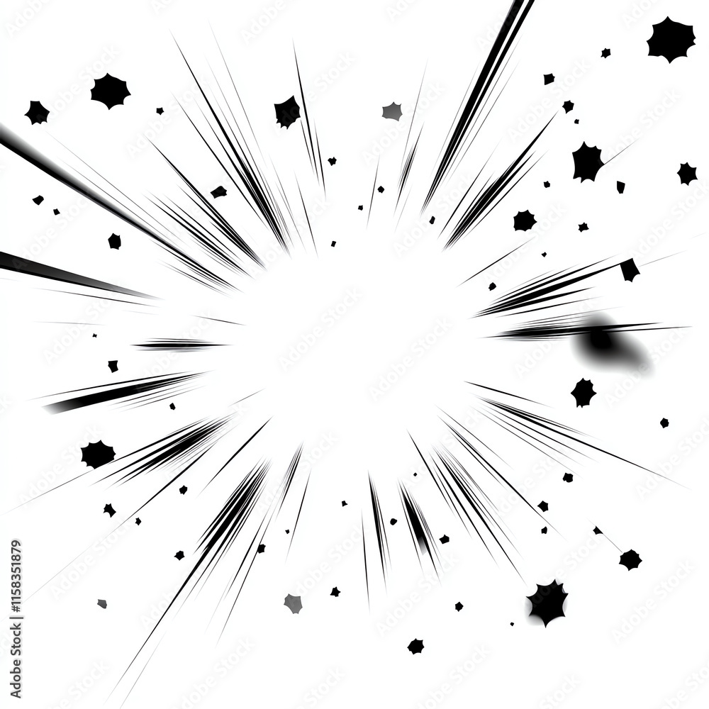 Poster dynamic explosion graphic with radiating lines and particles on a white background.