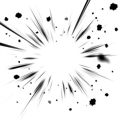 Dynamic explosion graphic with radiating lines and particles on a white background.