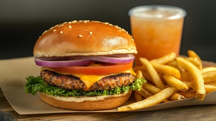 Close-up Photo: Juicy Burger with Crispy Fries and Refreshing Drink, Appealing Food Photography. AI Generated
