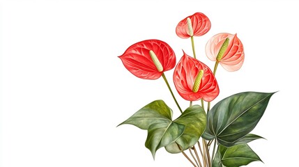 Vibrant Anthurium Blooms: Detailed Botanical Illustration in Realistic Style. AI Generated