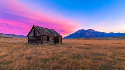Fototapeta premium Serene Sunset: Wide Shot Photo of Rustic Cabin in Mountain Meadow. AI Generated