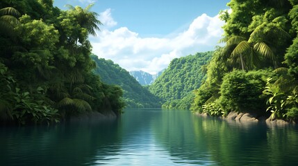 Obraz premium Serene Tropical River Valley: Vibrant 3D Render in Lush, Realistic Style. AI Generated