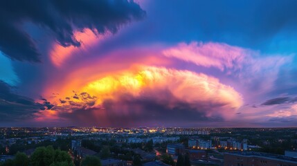 Dramatic Rainbow Cloud Over Urban Landscape