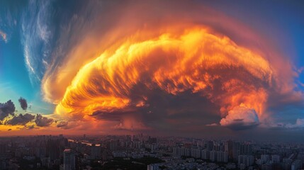Intense Rainbow Cloud Phenomenon Over Cityscape