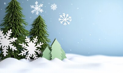 Obraz premium A winter scene featuring paper trees and snowflakes against a blue background.