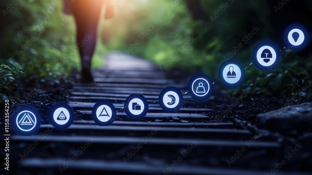 Aufkleber exploring nature trails with signage icons forest path digital symbols tranquil setting low angle co