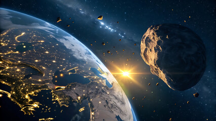 Dynamic cosmic scene of earth and asteroids in space exploration theme.