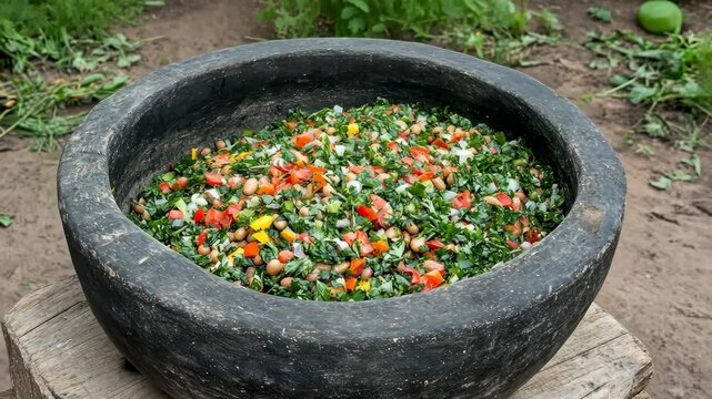 Freshly prepared tabbouleh in a traditional stone bowl at a rural farm during midday