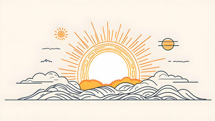 Continuous line sun art. Single line sketch sunny summer travel concept. Icon hot bright sky weather happy holiday vacation element vector illustration