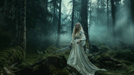 Mysterious figure in white gown holding sword in enchanted forest during twilight