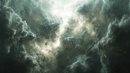 A dramatic view of swirling clouds illuminated by ethereal light.