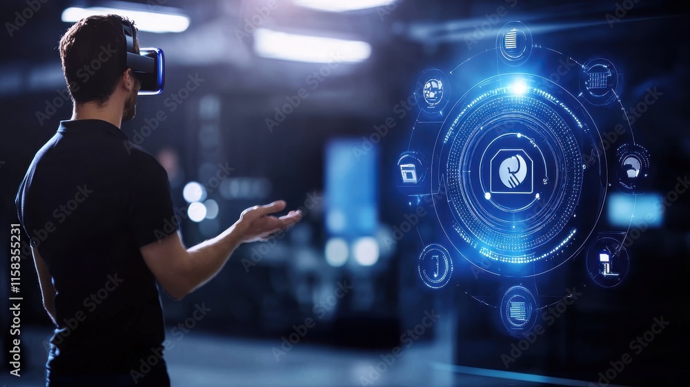 Poster virtual reality interaction tech lab digital experience modern environment user engagement innovatio