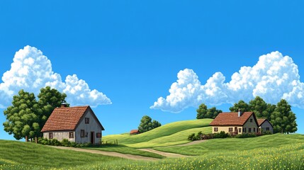 Obraz premium Vibrant Digital Painting: Idyllic Village Scene Under a Sunny Sky. AI Generated