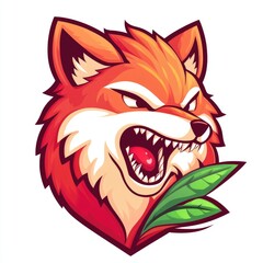 Fierce Red Fox Head with Green Leaves