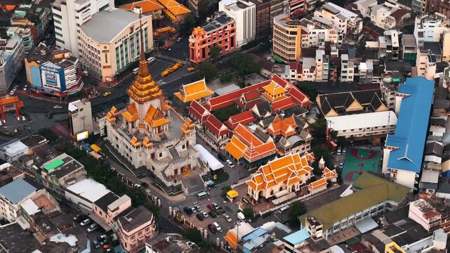 Aerial view of Wat Traimit. Temple with Golden Buddha statue inside. Yaowarat Bangkok Chinatown Heritage Center.