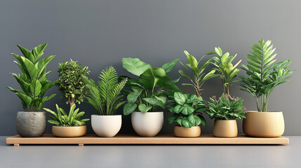 Fototapeta premium Stylish potted plants display on a wooden shelf, A modern, minimalist display showcasing a variety of lush green plants in various styles, placed in attractive round pots, arranged on a light brown wo