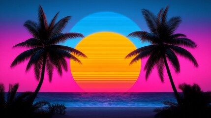Vibrant Retro Sunset Illustration: Digitally Painted Tropical Beach Scene. AI Generated