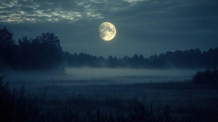 A serene night landscape with a full moon illuminating a misty field and surrounding trees.
