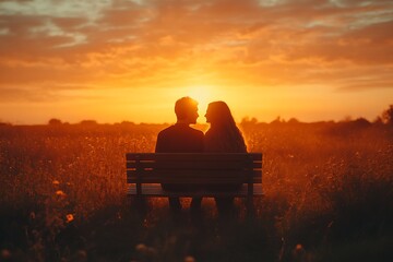 Obraz premium Couple silhouetted on bench at sunset. (1)